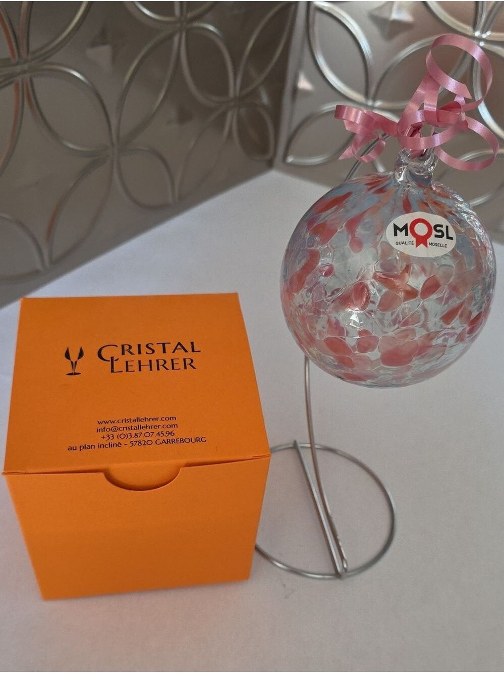 Cristal Lehrer French Hand-Blown Art Glass Sphere Pink/White Speckled Ornament